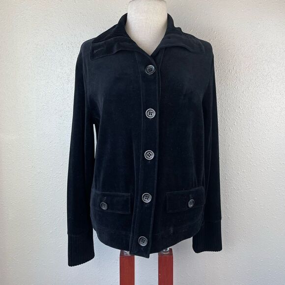 Jones New York Black Velour Button Down Coat Size L EUC - Picture 1 of 5